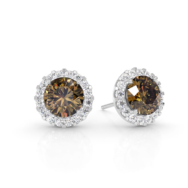 White Gold Round Champagne Diamond Halo Earrings