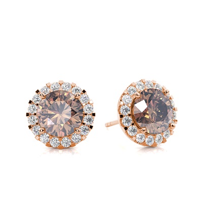 White Gold Round Champagne Diamond Halo Earrings