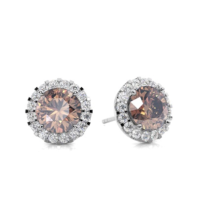 White Gold Round Champagne Diamond Halo Earrings