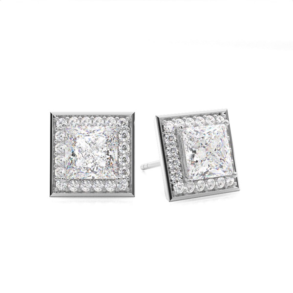 White Gold Princess Diamond Halo Earrings