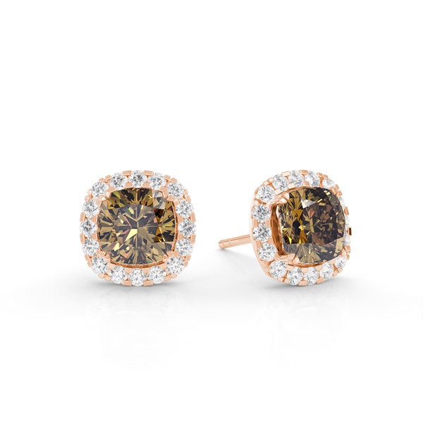 White Gold Cushion Champagne Diamond Halo Earrings