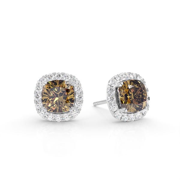 White Gold Cushion Champagne Diamond Halo Earrings
