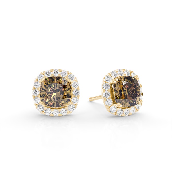 White Gold Cushion Champagne Diamond Halo Earrings