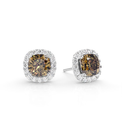 White Gold Cushion Champagne Diamond Halo Earrings