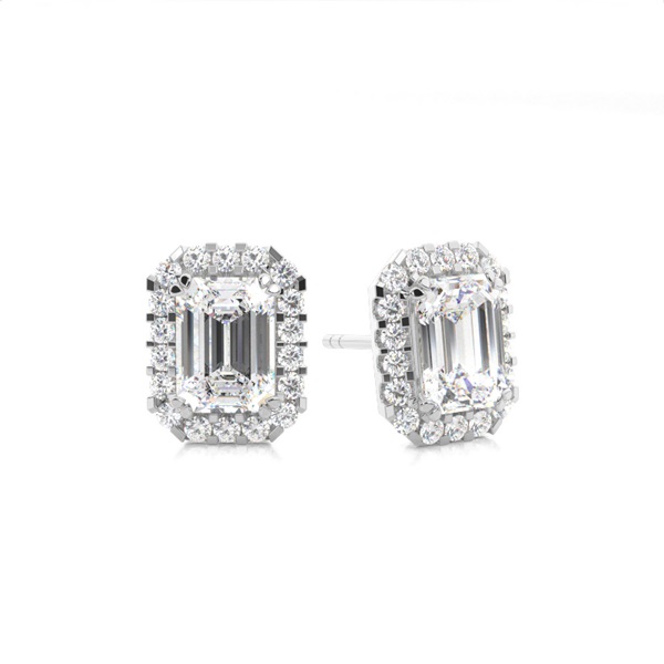White Gold Emerald Diamond Halo Earrings