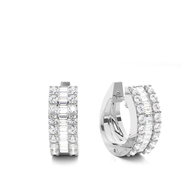4 Prong Setting Round & Baguette Diamond Hoop Earrings