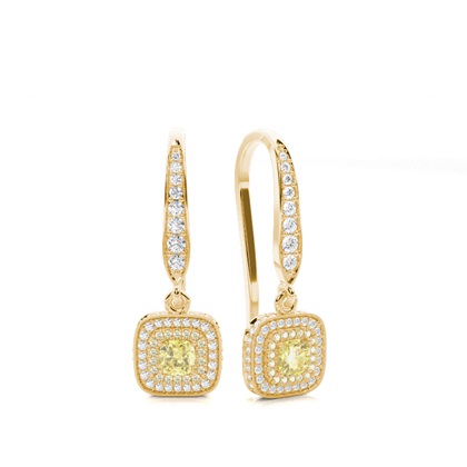 Cushion Yellow Gold Drop Diamond Earrings
