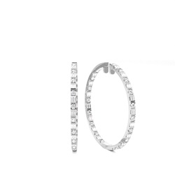 White Gold Round and Baguette Diamond Hoop Earrings