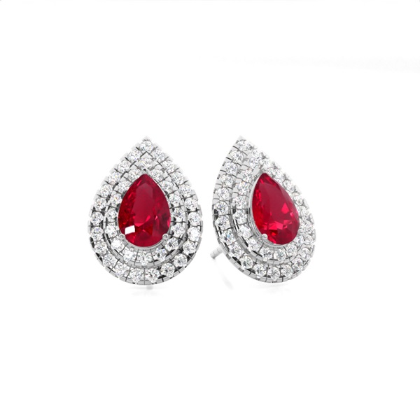 Prong Setting Pear Ruby Halo Stud Earring