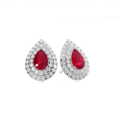 Prong Setting Pear Ruby Halo Stud Earring