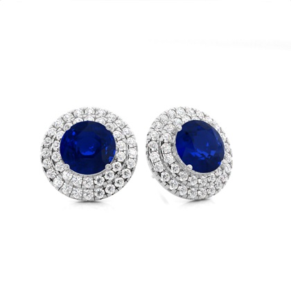 Prong Setting Round Blue Sapphire Halo Stud Earring