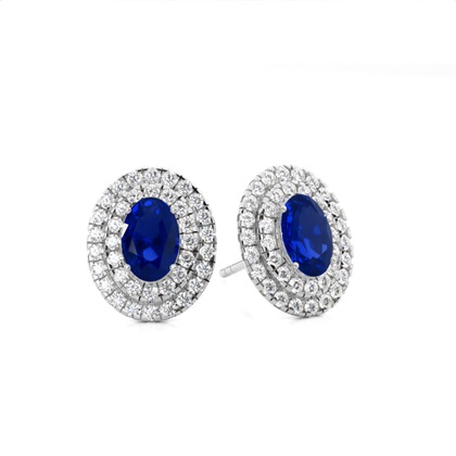 Prong Setting Oval Blue Sapphire Halo Stud Earring