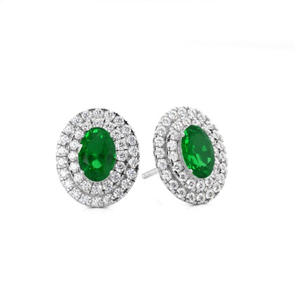 Prong Setting Oval Emerald Halo Stud Earring