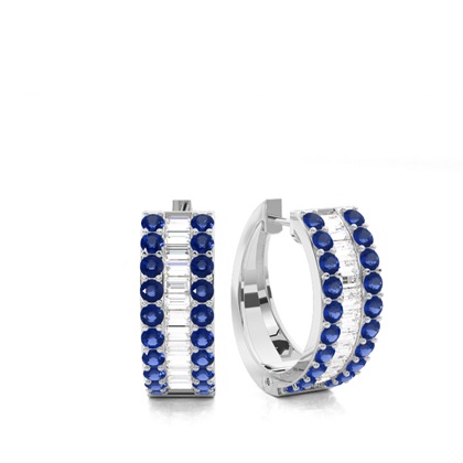 Prong Setting Round and baguette Blue Sapphire Hoop Earring