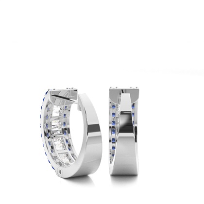 Prong Setting Round and baguette Blue Sapphire Hoop Earring