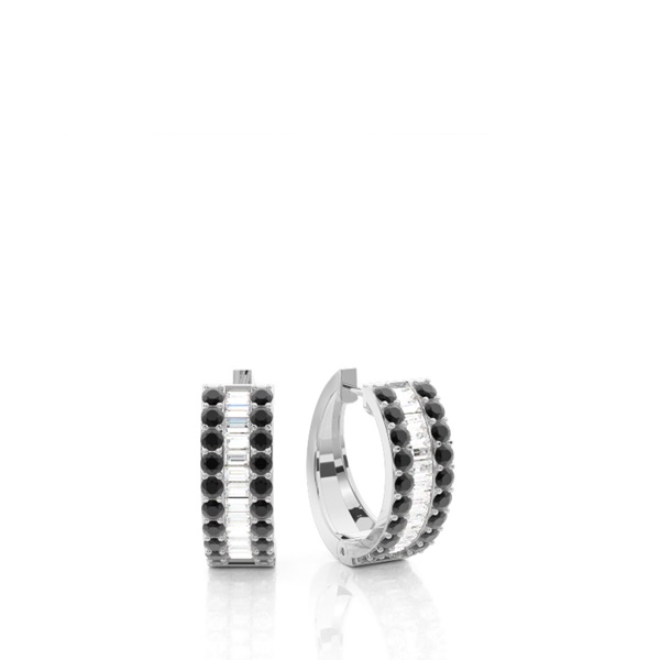 Prong Setting Round and baguette Black Diamond Hoop Earring