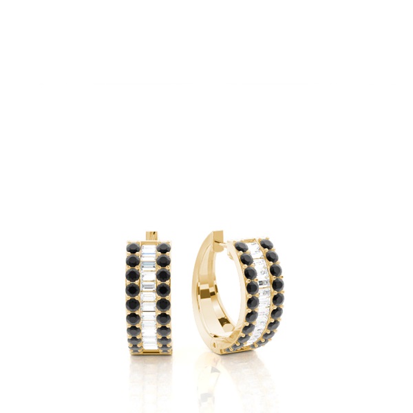 Prong Setting Round and baguette Black Diamond Hoop Earring