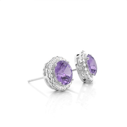 Halo-Ohrringe mit rundem Amethyst in einer Krappenfassung