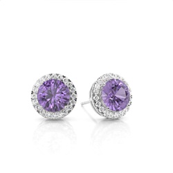 Halo-Ohrringe mit rundem Amethyst in einer Krappenfassung