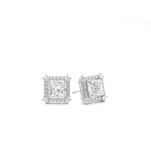 4 Prong Setting Princess Diamond Halo Earring