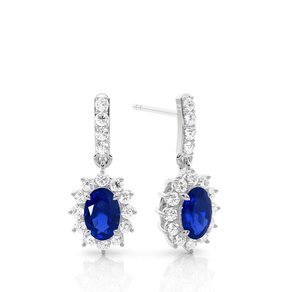 Prong Setting Oval Blue Sapphire Halo Earrings