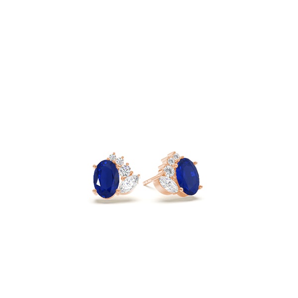 Oval blue sapphire and diamond  cluster stud earring