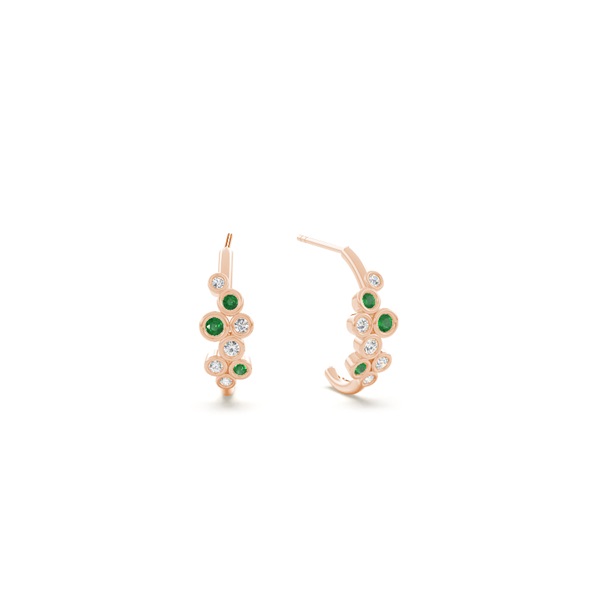 Emerald and round diamond bezel set half hoop earring