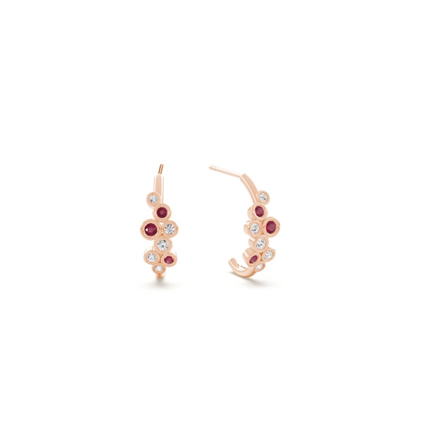 Ruby and round diamond bezel set half hoop earring
