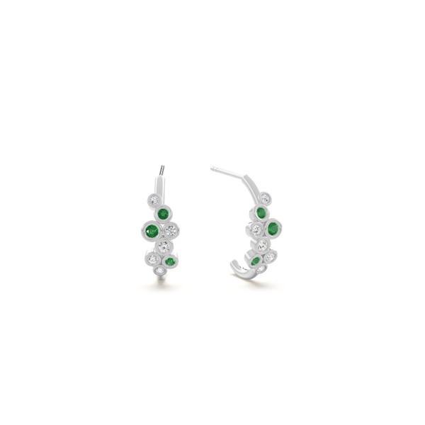 Emerald and round diamond bezel set half hoop earring