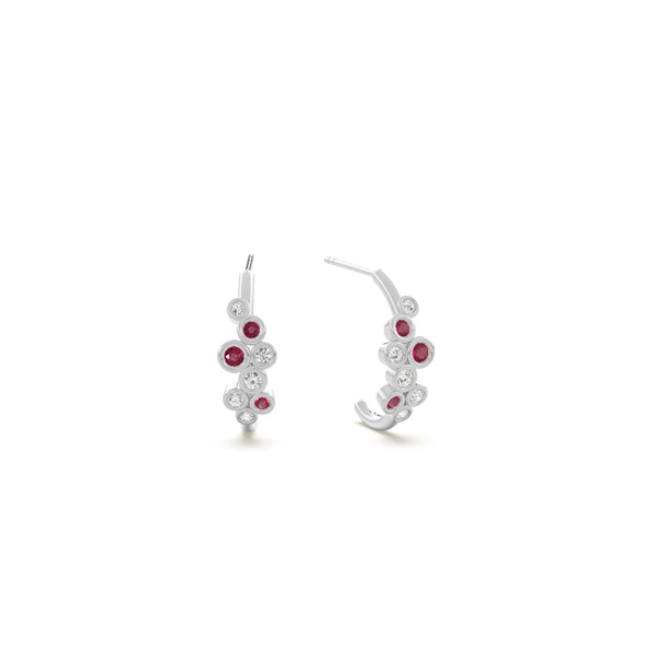 Ruby and round diamond bezel set half hoop earring