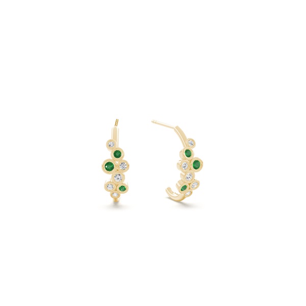 Emerald and round diamond bezel set half hoop earring