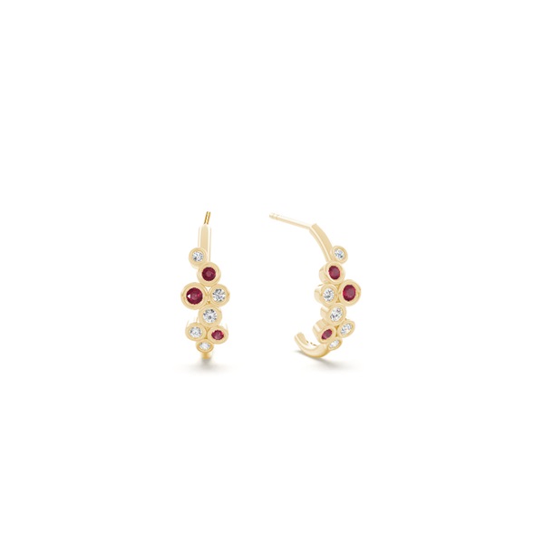 Ruby and round diamond bezel set half hoop earring