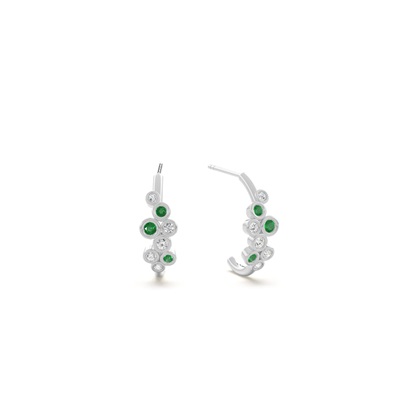 Emerald and round diamond bezel set half hoop earring
