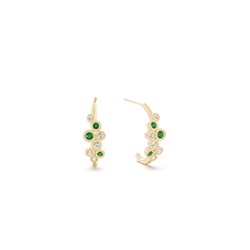 Emerald and round diamond bezel set half hoop earring