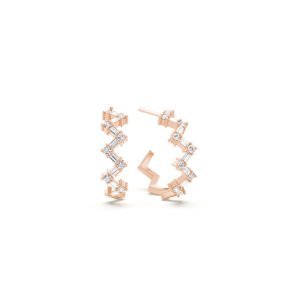 Baguette and round diamond zig-zag half hoop earring