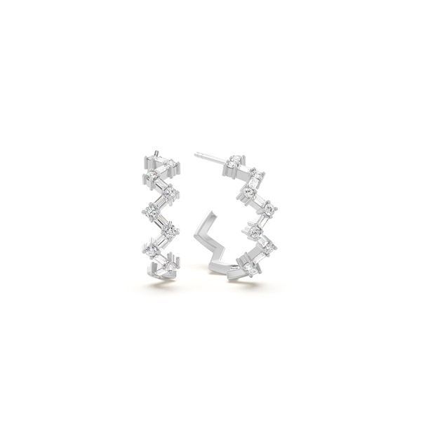 Baguette and round diamond zig-zag half hoop earring