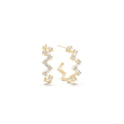 Baguette and round diamond zig-zag half hoop earring
