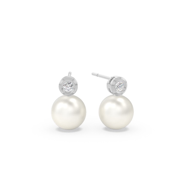 Freshwater Pearl Diamond Accented Bezel Set Stud Earrings