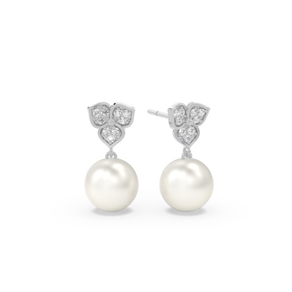 Floral Look Freshwater Pearl Diamond Stud Earrings