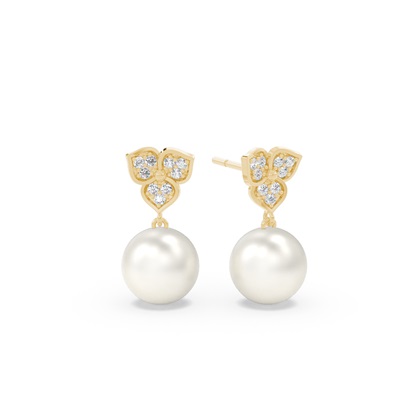 Floral Look Freshwater Pearl Diamond Stud Earrings