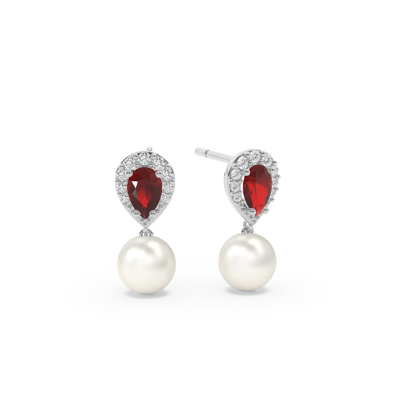 Freshwater Pearl And Pear Shaped Ruby Halo Earrings