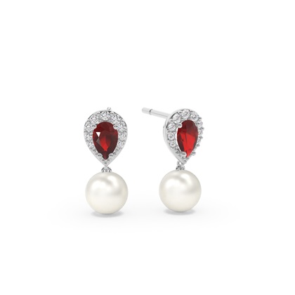Freshwater Pearl And Pear Shaped Ruby Halo Earrings