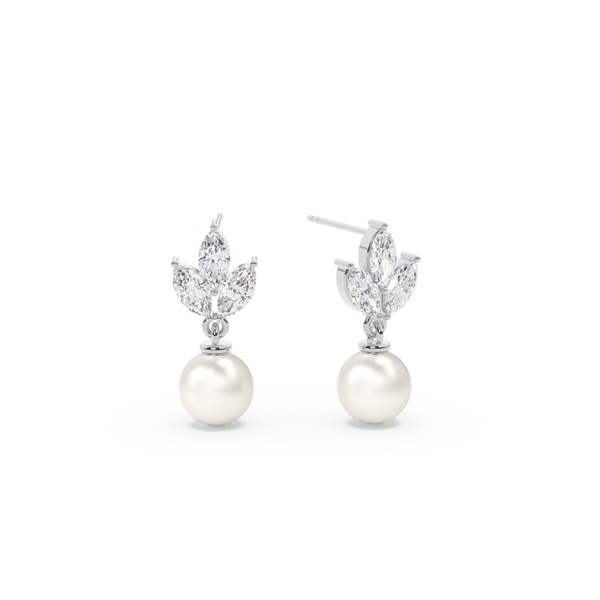 Freshwater Pearl Diamond Leaf Drop Earrings