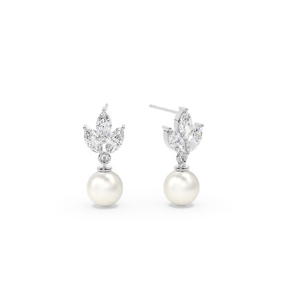 Freshwater Pearl Diamond Leaf Drop Earrings