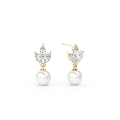 Freshwater Pearl Diamond Leaf Drop Earrings
