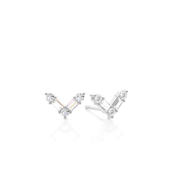 Baguette and Round Diamond V shape Delicate Stud Earrings