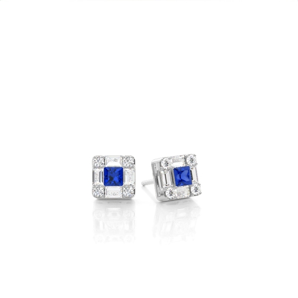 Mosaic Multi Shaped Diamond and Blue Sapphire Cluster Earrings