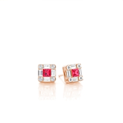 Mosaic Multi Shaped Diamond and Ruby Cluster Earrings