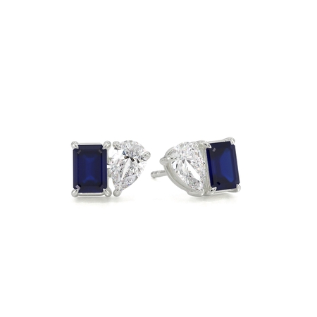 Toi Et Moi Pear Diamond & Emerald-Cut Blue Sapphire Diamond Earrings
