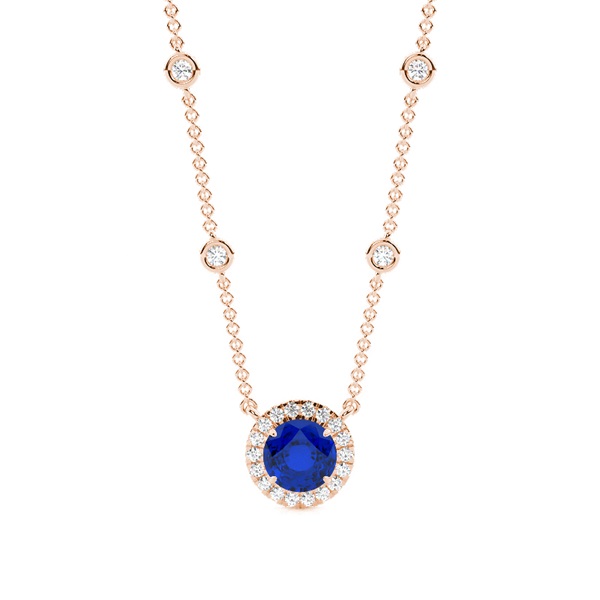 Blue Sapphire Halo Pendant with Diamond Chain